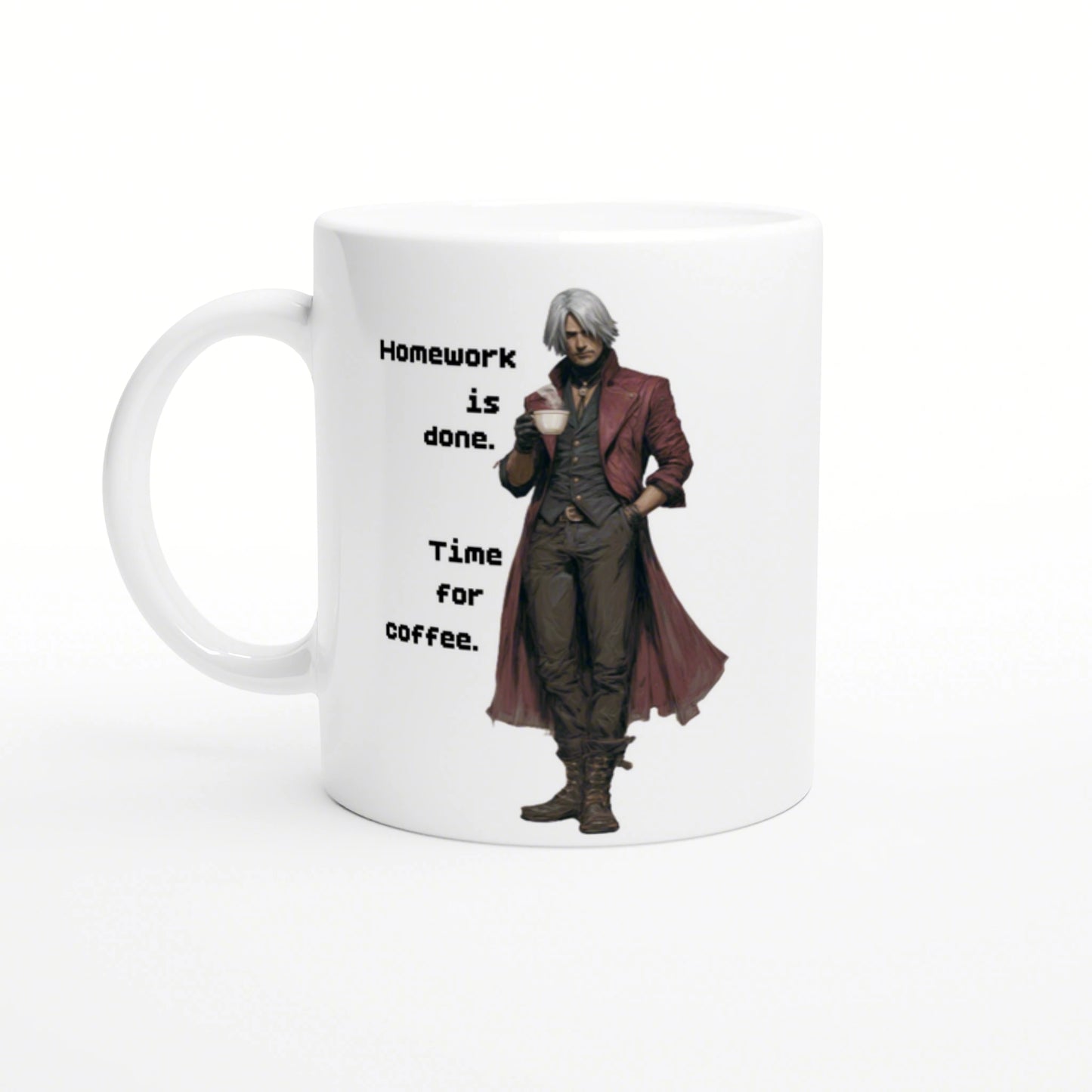 Mug design featuring a white-haired man in a red coat holding a coffee cup; text reads Homework is done. Time for coffee.