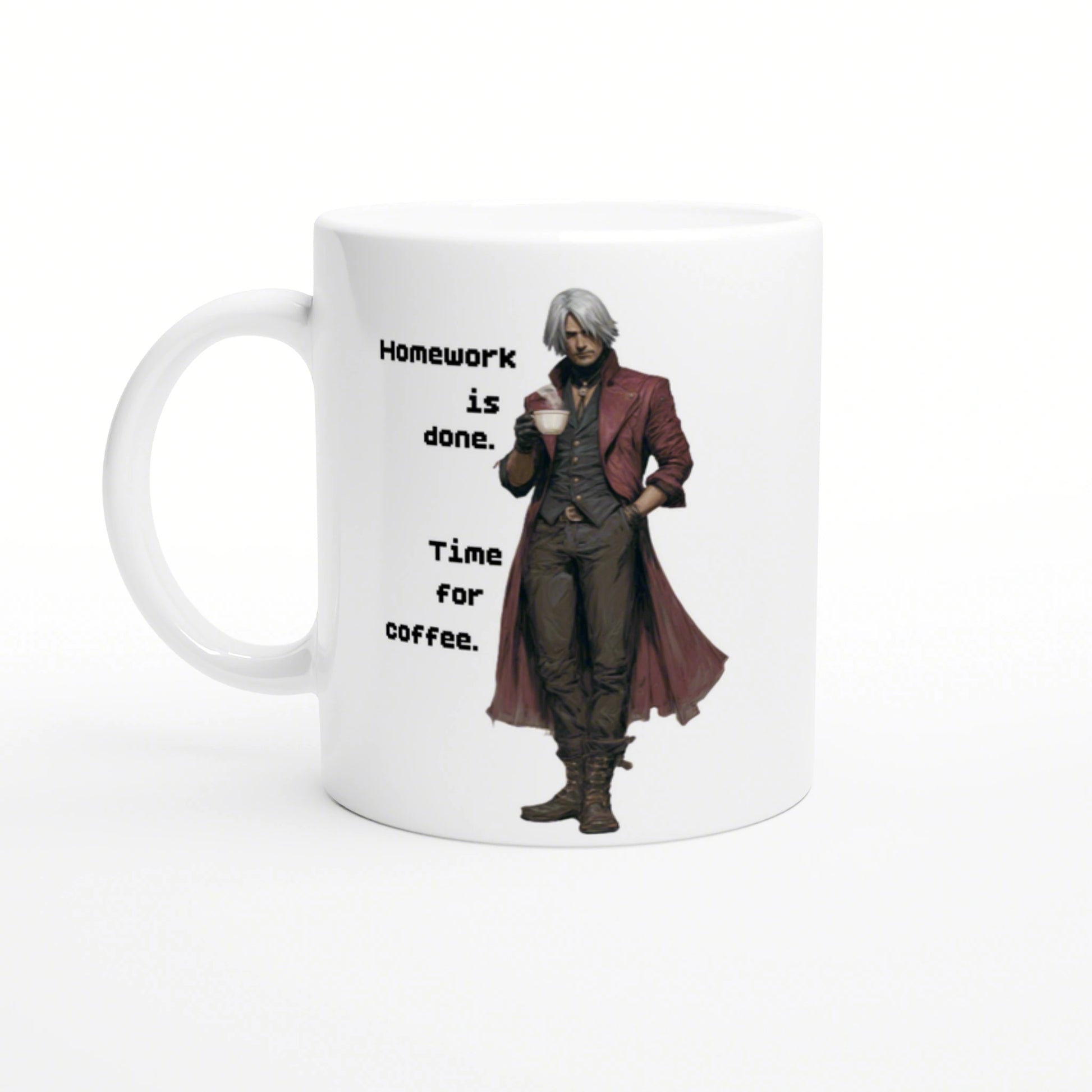 Mug design featuring a white-haired man in a red coat holding a coffee cup; text reads Homework is done. Time for coffee.