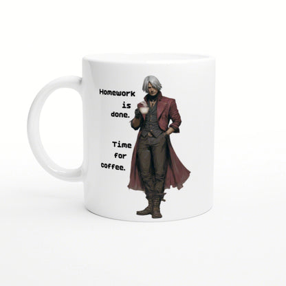 Mug design featuring a white-haired man in a red coat holding a coffee cup; text reads Homework is done. Time for coffee.