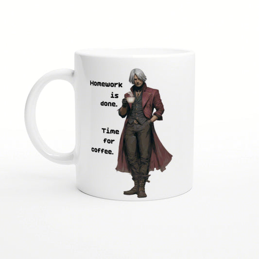 Mug design featuring a white-haired man in a red coat holding a coffee cup; text reads Homework is done. Time for coffee.