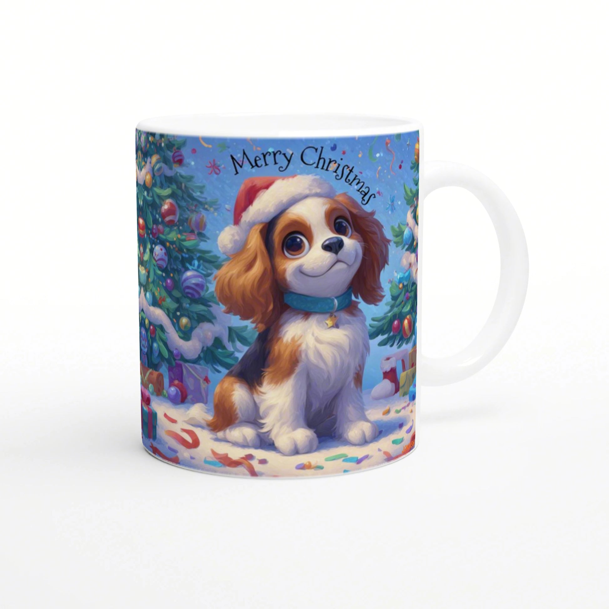 Mug mockup: cute dog in a Santa hat among Christmas trees and snow, with 'Merry Christmas' text.