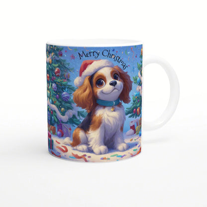 Mug mockup: cute dog in a Santa hat among Christmas trees and snow, with 'Merry Christmas' text.