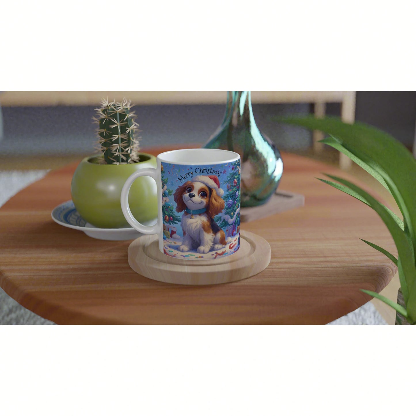 White mug with a cute dog illustration and 'Merry Christmas' text on a snowy scene, placed on a wooden table beside a green plant and blue vase.