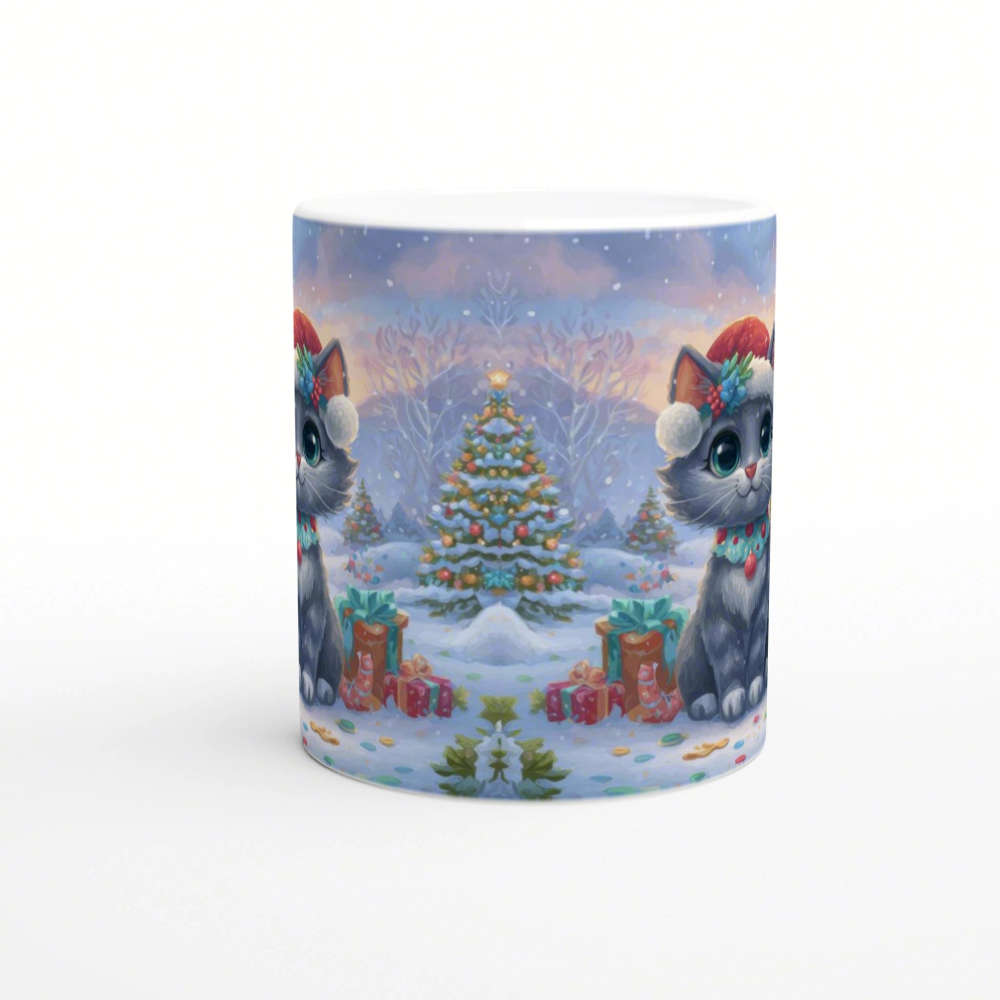 Mug mockup showing two gray cats in Santa hats beside a decorated Christmas tree and gifts in a snowy holiday scene.