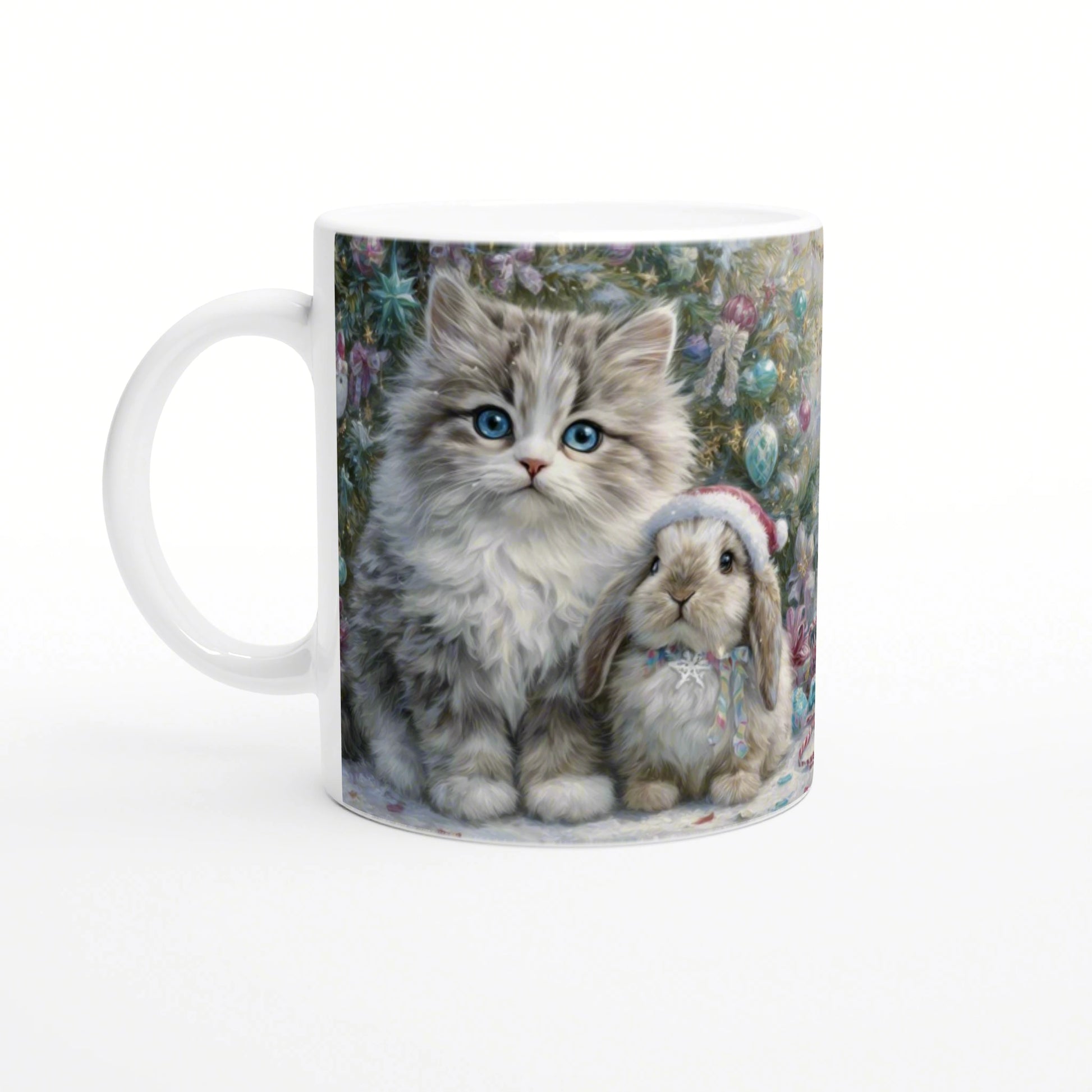 Mug featuring a fluffy kitten with blue eyes and a bunny, set against a colorful festive background of ornaments.