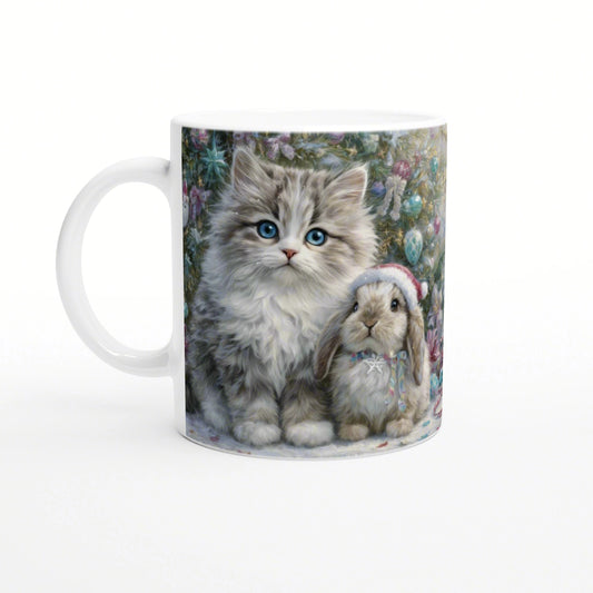 Mug featuring a fluffy kitten with blue eyes and a bunny, set against a colorful festive background of ornaments.