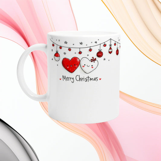 White mug mockup featuring cartoon red and white hearts, hanging ornaments, and 'Merry Christmas' text.