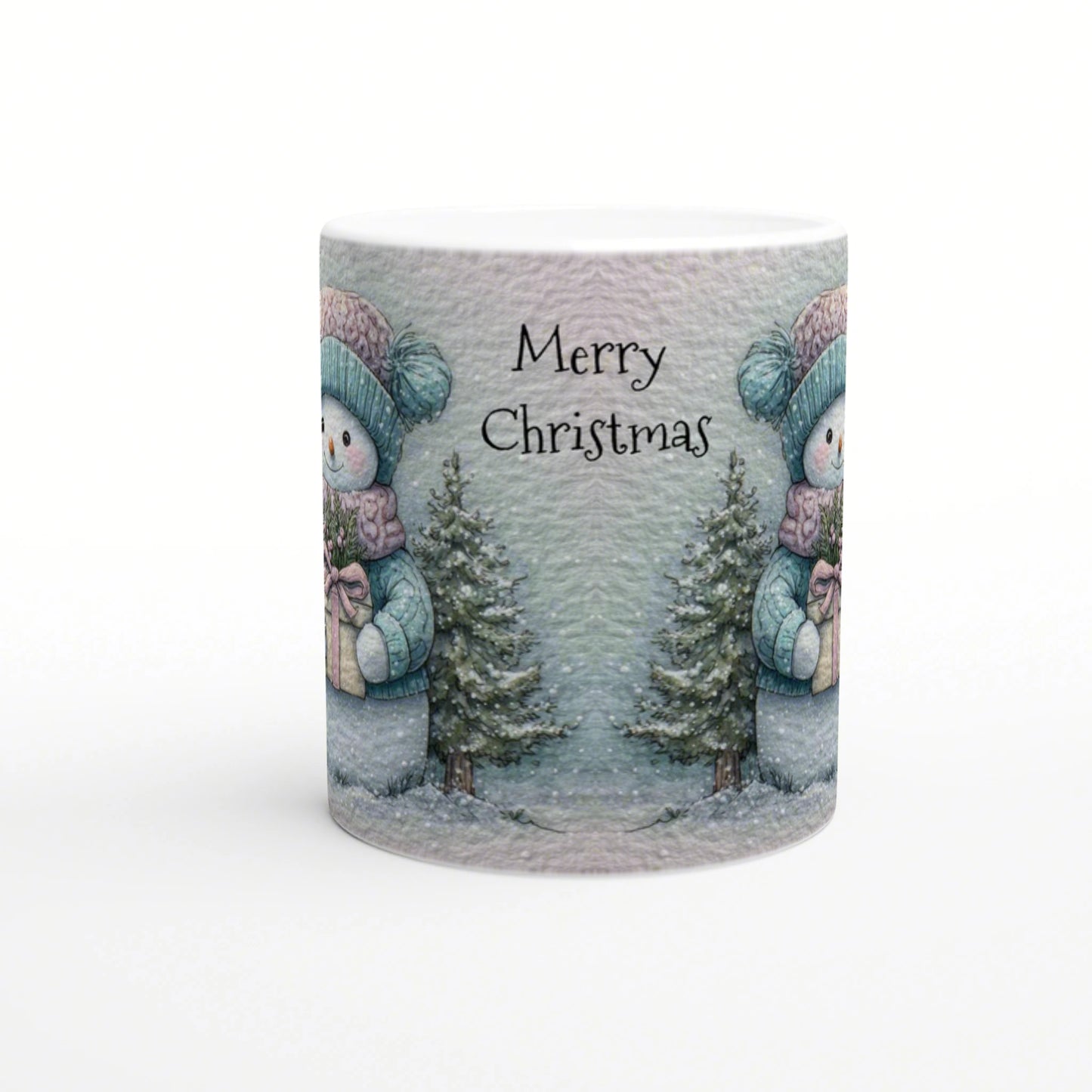 Mug mockup with 'Merry Christmas' text featuring a snowy winter scene: snowmen in teal hats, pine trees, and wrapped gifts.