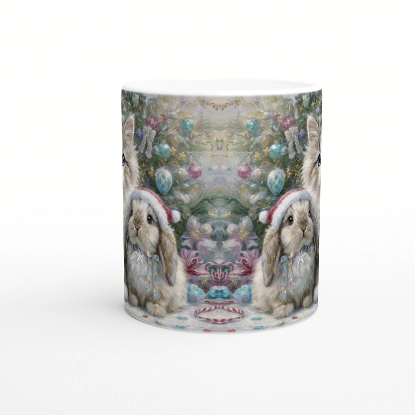 Mug with a mirrored festive design: two rabbits wearing Santa hats amid pastel Christmas ornaments.