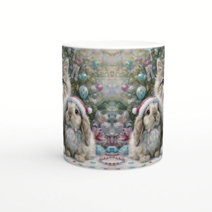 Mug with a mirrored festive design: two rabbits wearing Santa hats amid pastel Christmas ornaments.
