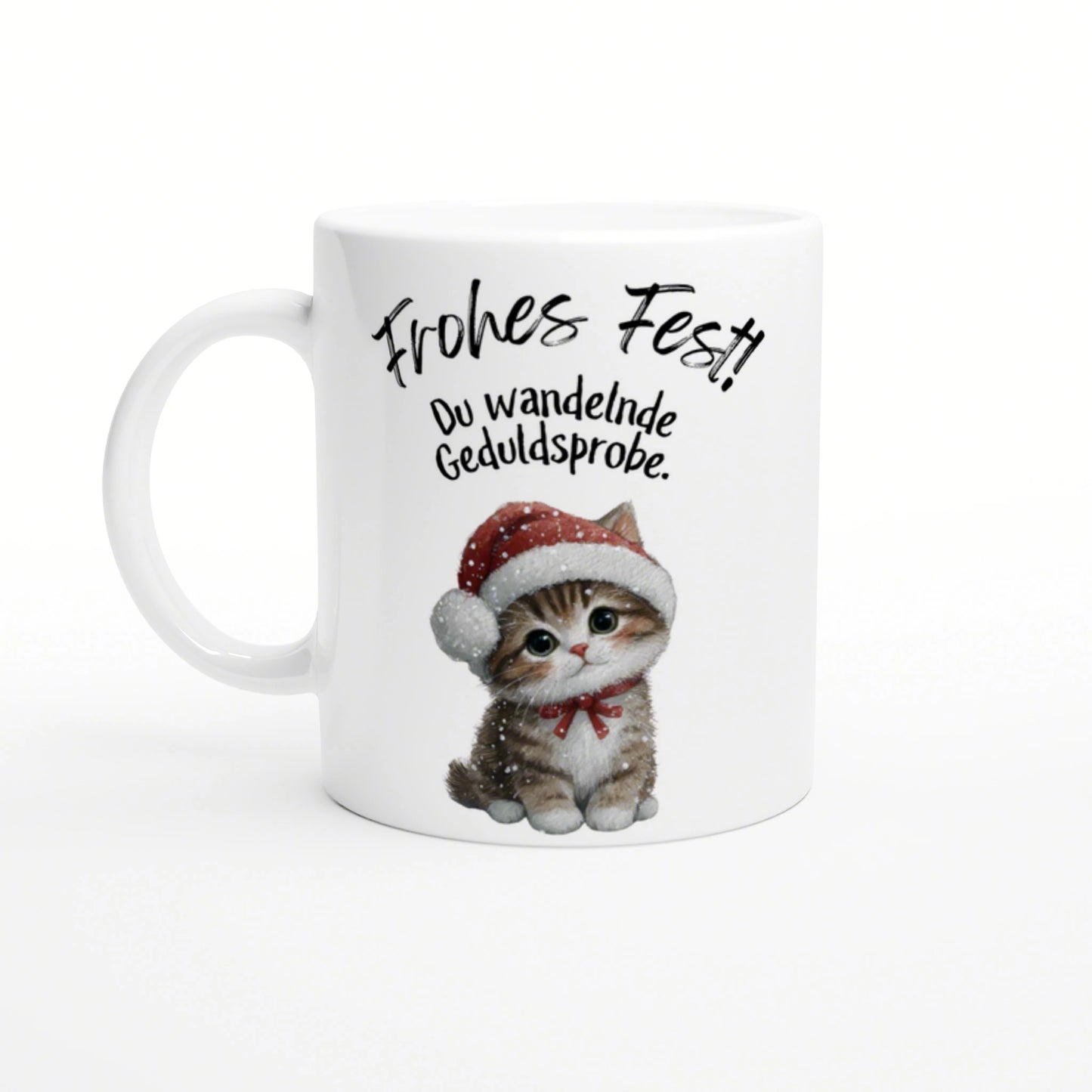 Mug mockup featuring a cute kitten in a Santa hat and the German caption 'Frohes Fest!! Du wandelnde Geduldsprobe'.