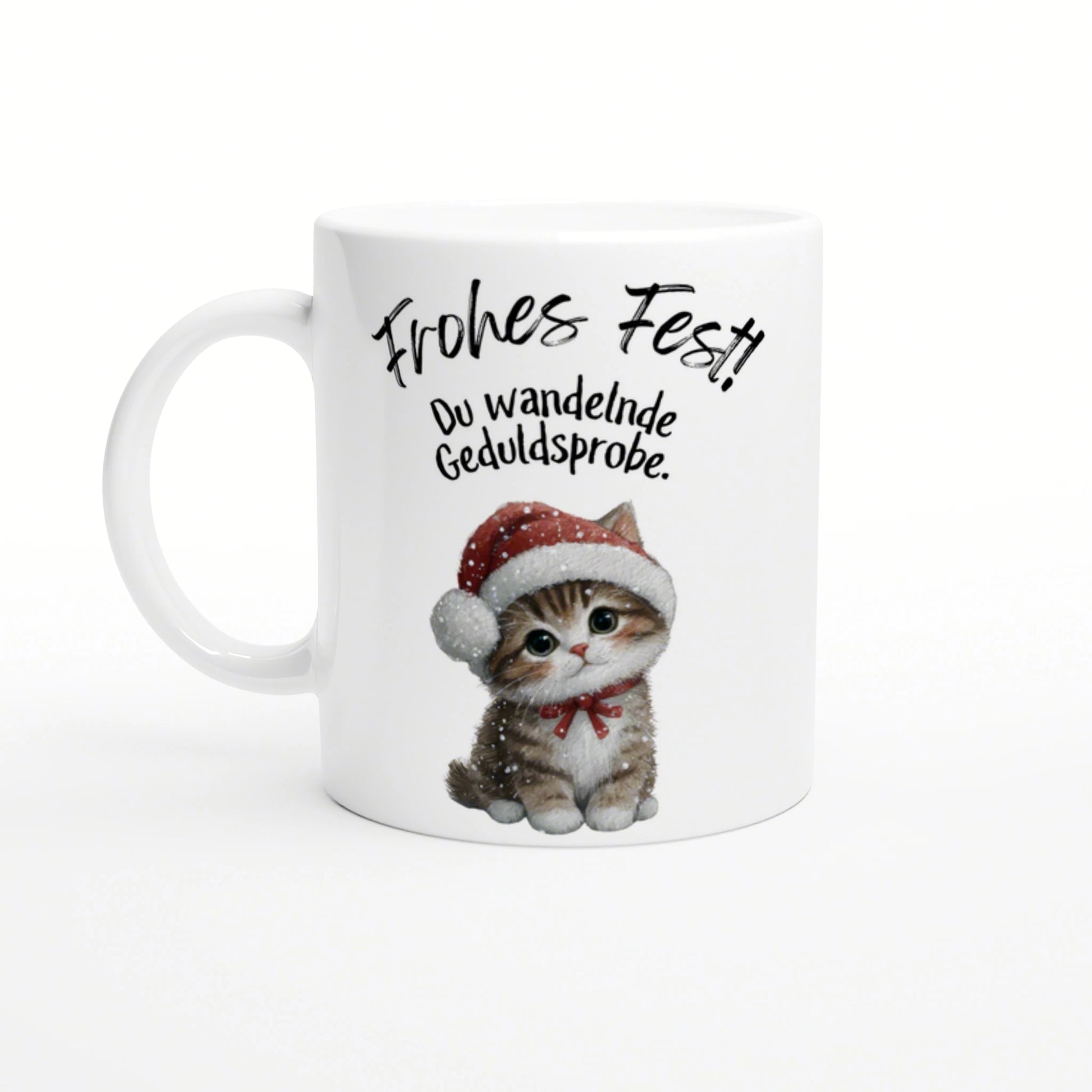 Mug mockup featuring a cute kitten in a Santa hat and the German caption 'Frohes Fest!! Du wandelnde Geduldsprobe'.