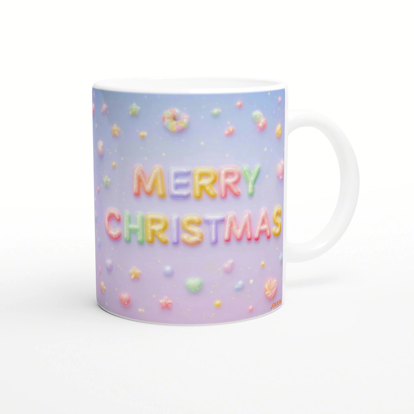 Mug mockup with a pastel lavender gradient and candy-style letters spelling 'MERRY CHRISTMAS' on the front.