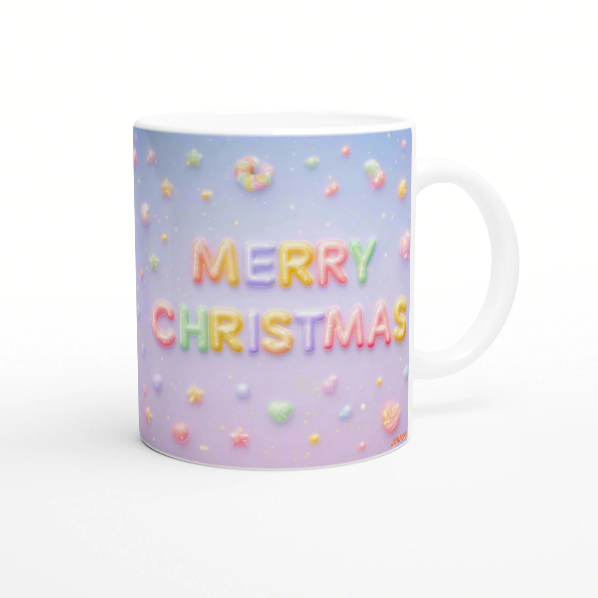 Mug mockup with a pastel lavender gradient and candy-style letters spelling 'MERRY CHRISTMAS' on the front.