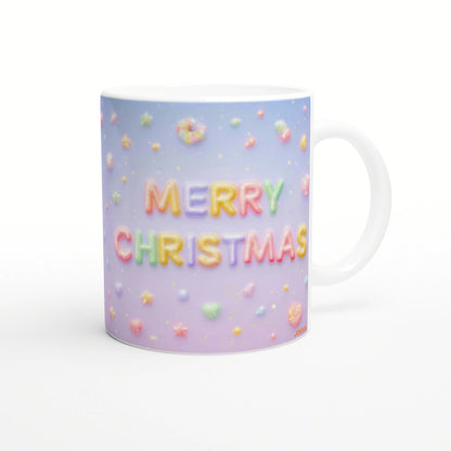 Mug mockup with a pastel lavender gradient and candy-style letters spelling 'MERRY CHRISTMAS' on the front.