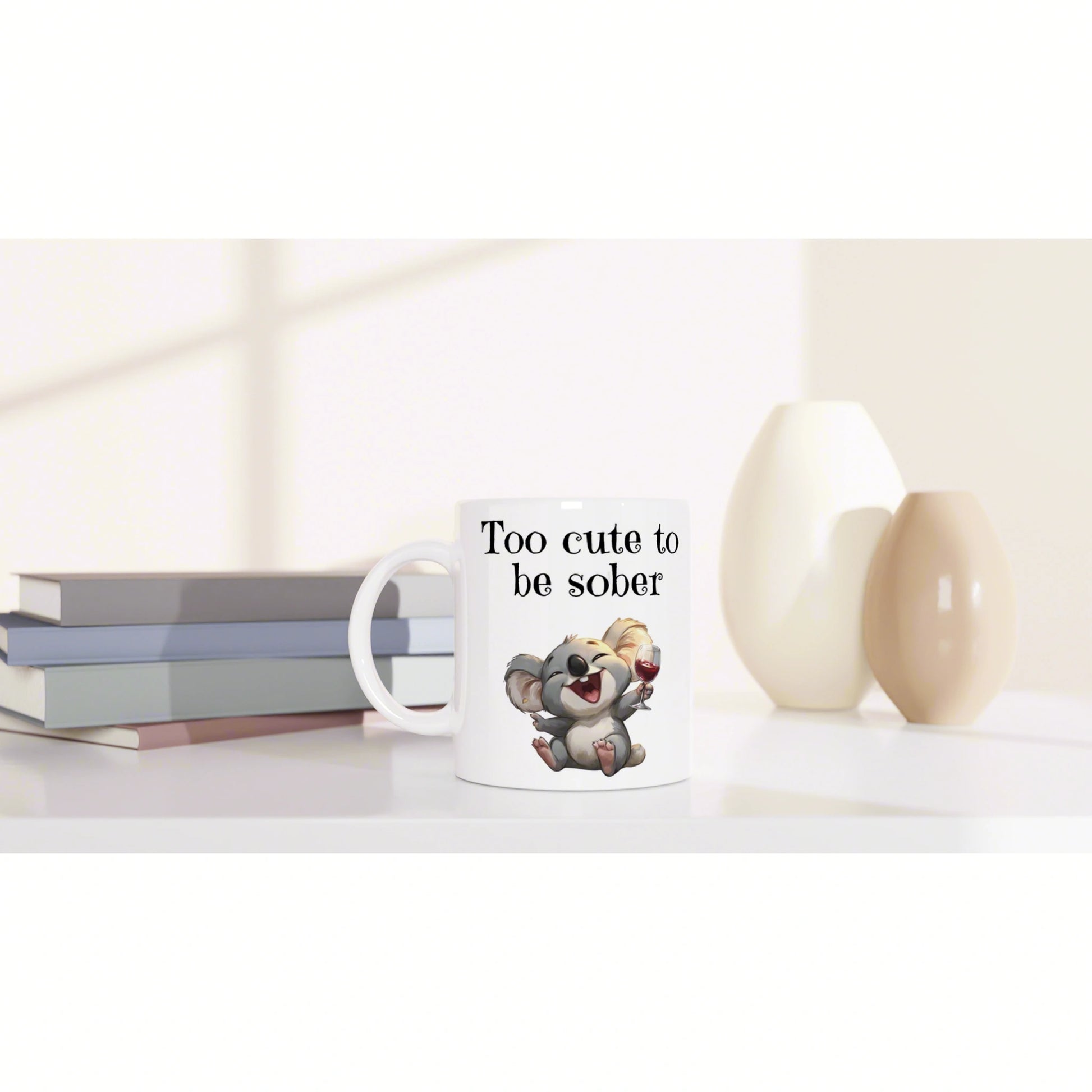 Mug mockup: white mug with 'Too cute to be sober' and a koala holding a wine glass, beside stacked books and vases.