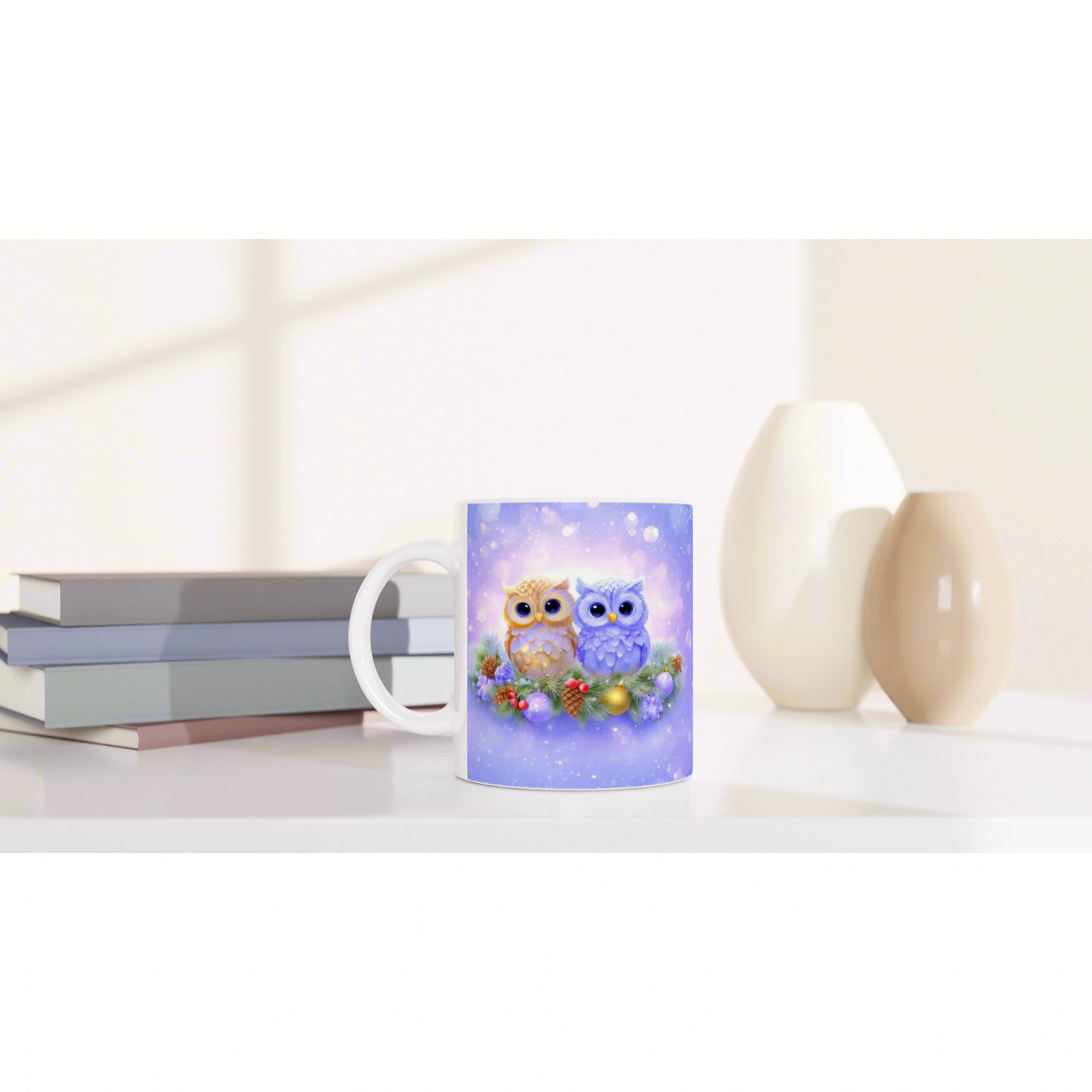Mug mockup with purple background featuring two cute owls among festive decor, on a white shelf beside books and vases.