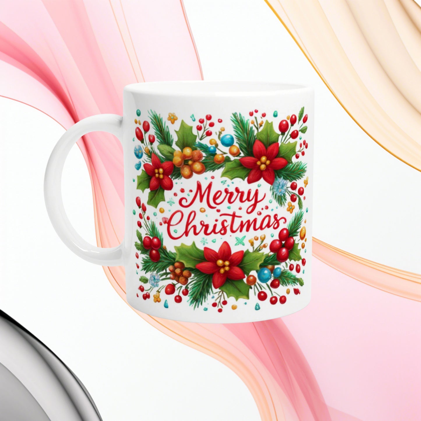 Mug mockup: white ceramic cup with a festive 'Merry Christmas' design, surrounded by holly, poinsettias and berries.