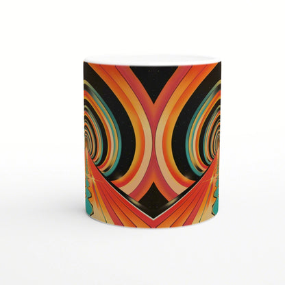 Product mockup: ceramic mug with bold psychedelic orange arches and teal concentric rings on a dark background.