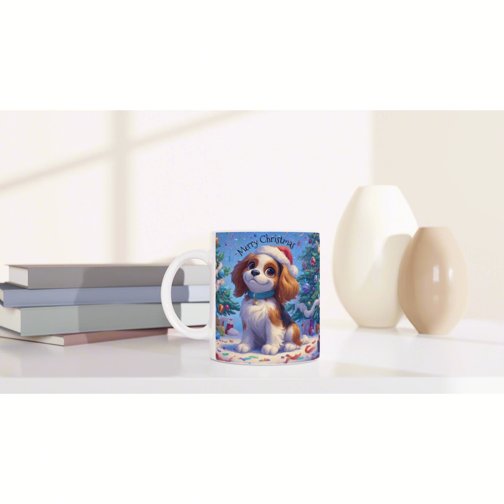 Product mockup: white mug featuring a cute puppy in a Santa hat with Merry Christmas on a colorful winter scene.