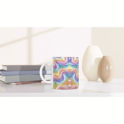 Product photo of a mug with a vibrant rainbow swirl pattern on a white table, with stacked books and cream ceramic vases nearby.