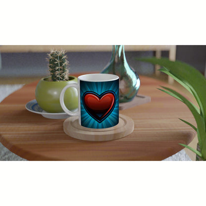 Mug with a glossy red heart on a blue radiant background, sitting on a wooden coaster among green plants.