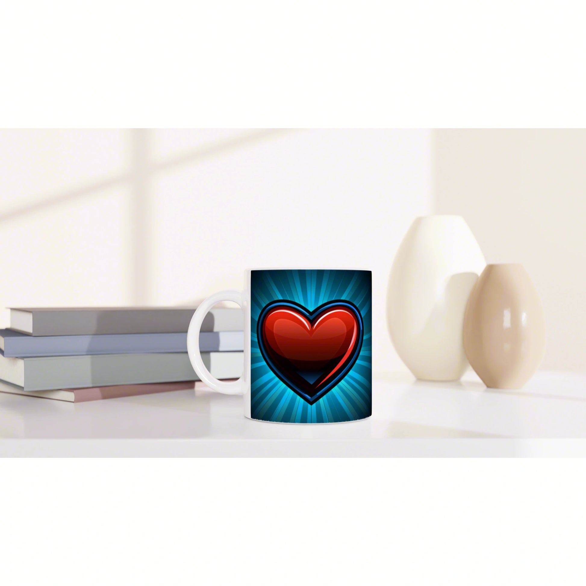White mug with bold red heart on a blue radiant burst background, placed beside books and decorative vases.