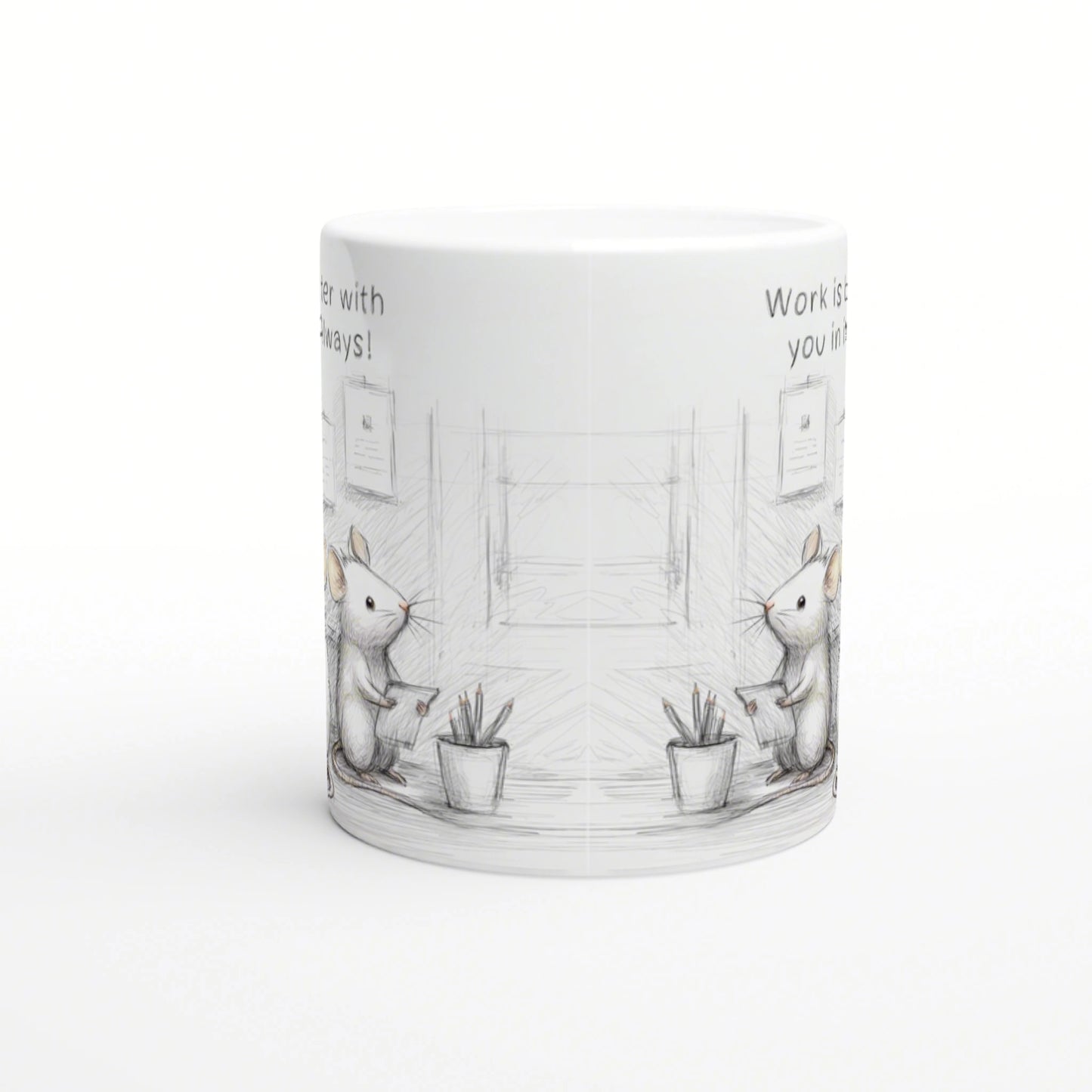 Mug with a pencil-drawn illustration of two mice in an office, standing by desks with pencil cups.