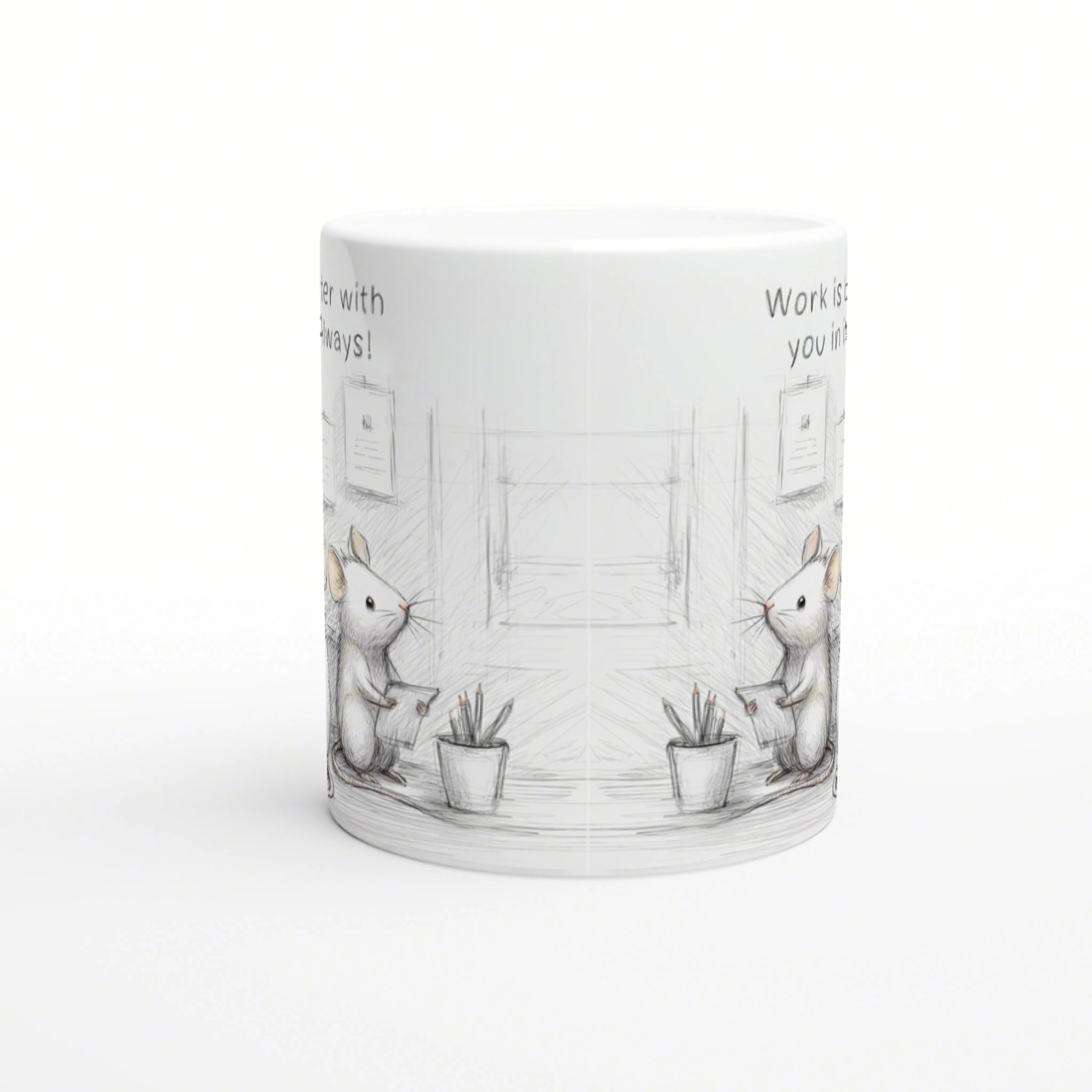 Mug with a pencil-drawn illustration of two mice in an office, standing by desks with pencil cups.