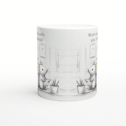 Mug with a pencil-drawn illustration of two mice in an office, standing by desks with pencil cups.