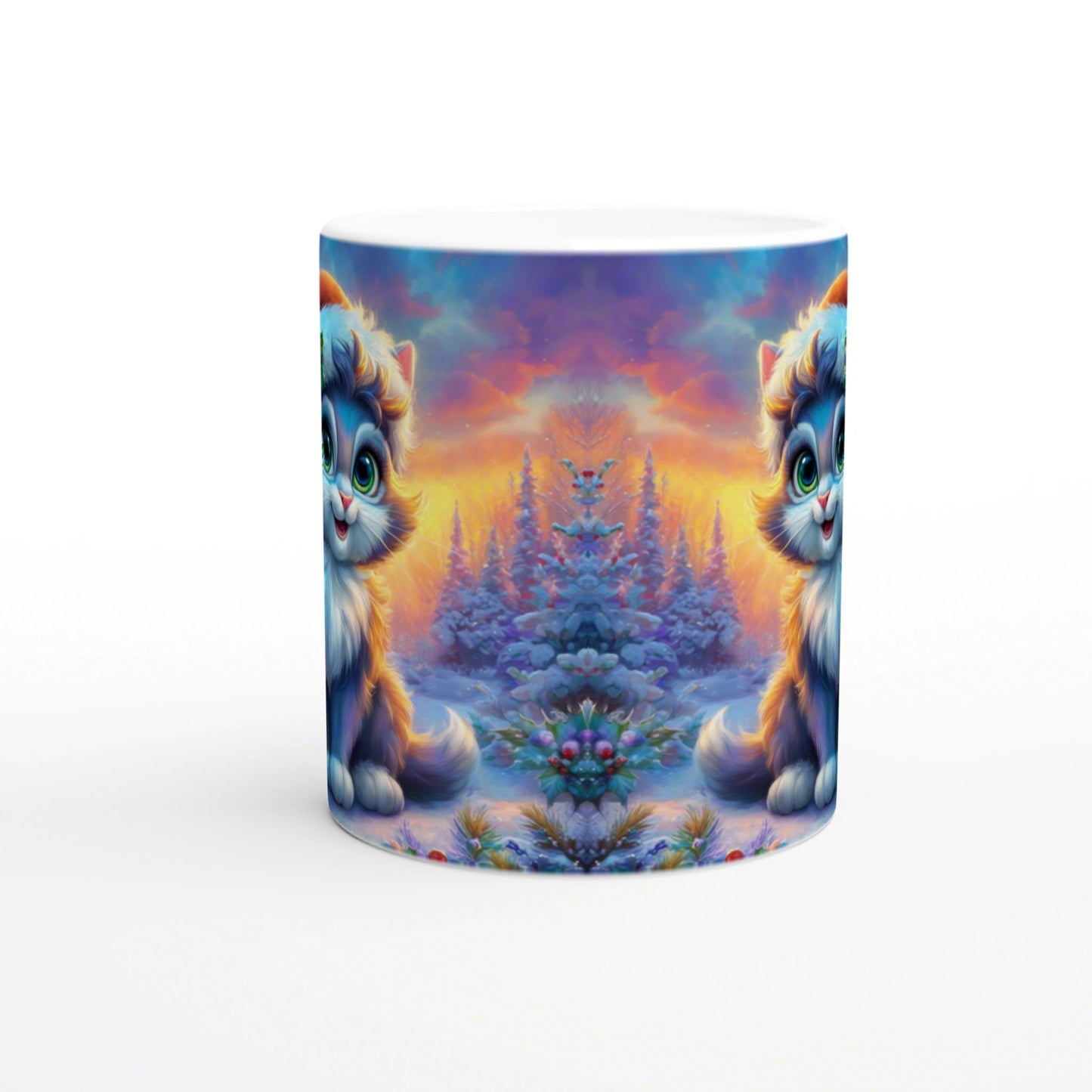 Mug mockup with a symmetrical winter scene: two cute blue kittens frame a snowy forest at sunset.