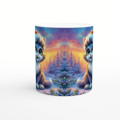 Mug mockup with a symmetrical winter scene: two cute blue kittens frame a snowy forest at sunset.