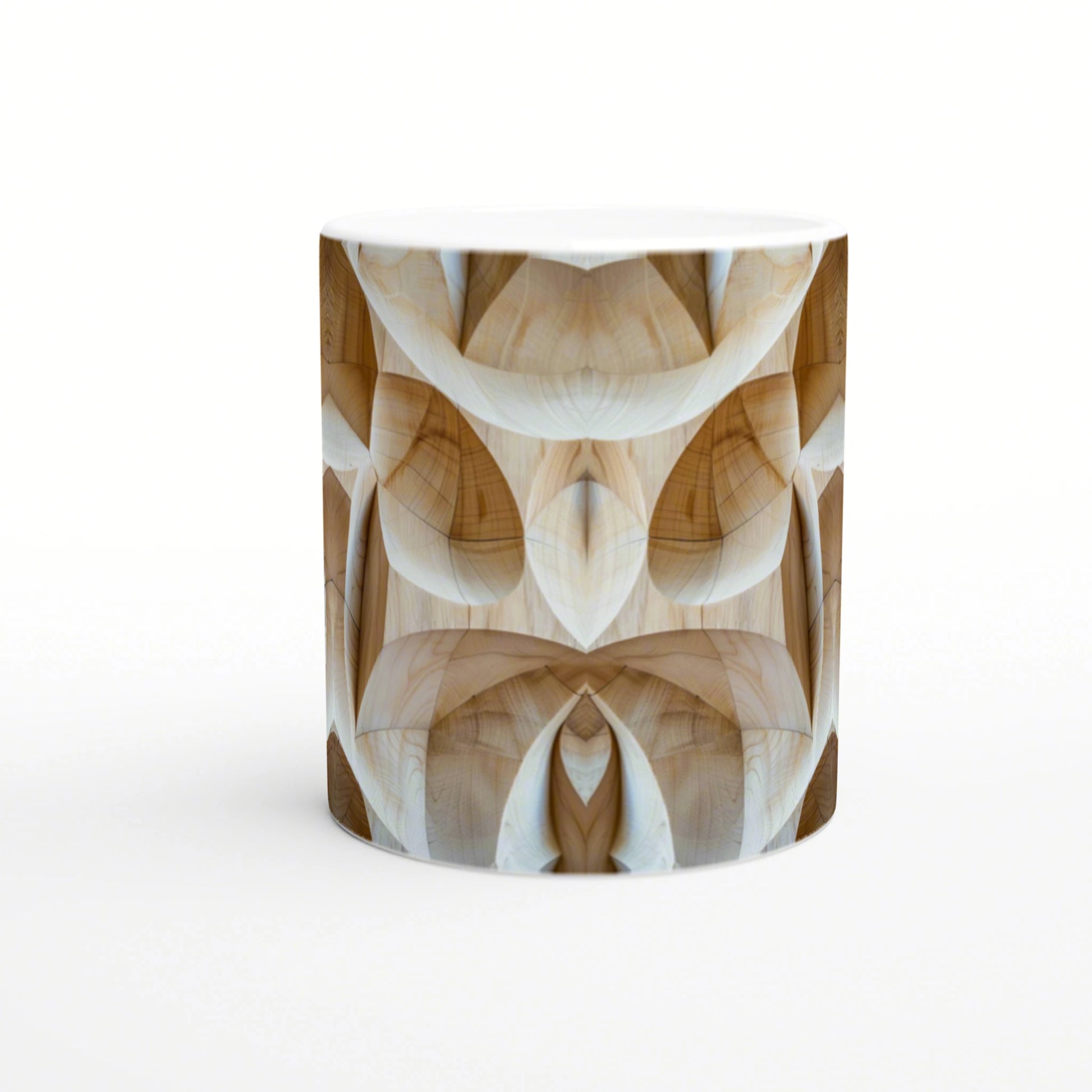 Mug featuring a wood grain kaleidoscope pattern; product mockup for cups and apparel.
