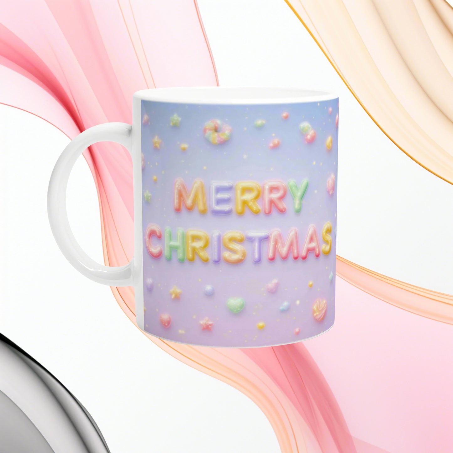Pastel Christmas mug mockup with glossy candy letters spelling MERRY CHRISTMAS on lavender background.