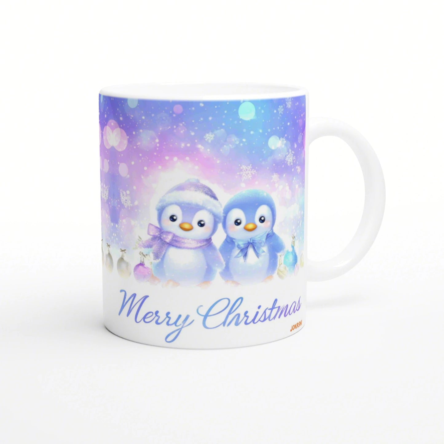 Pastel Christmas mug mockup with two penguins in scarves on snowy ground, falling snowflakes, and 'Merry Christmas'.