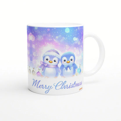 Pastel Christmas mug mockup with two penguins in scarves on snowy ground, falling snowflakes, and 'Merry Christmas'.