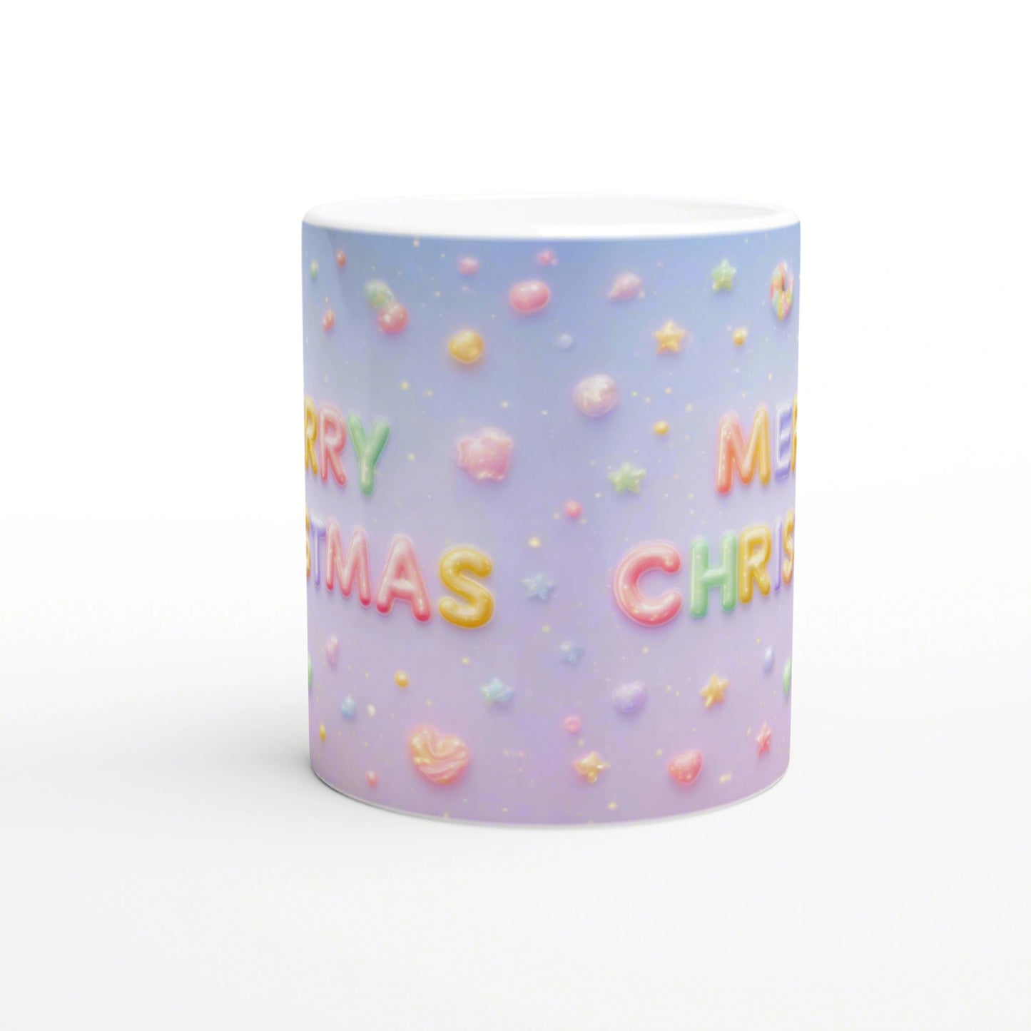 Pastel gradient mug with a wraparound candy-letter design spelling MERRY CHRISTMAS and small star and heart accents.