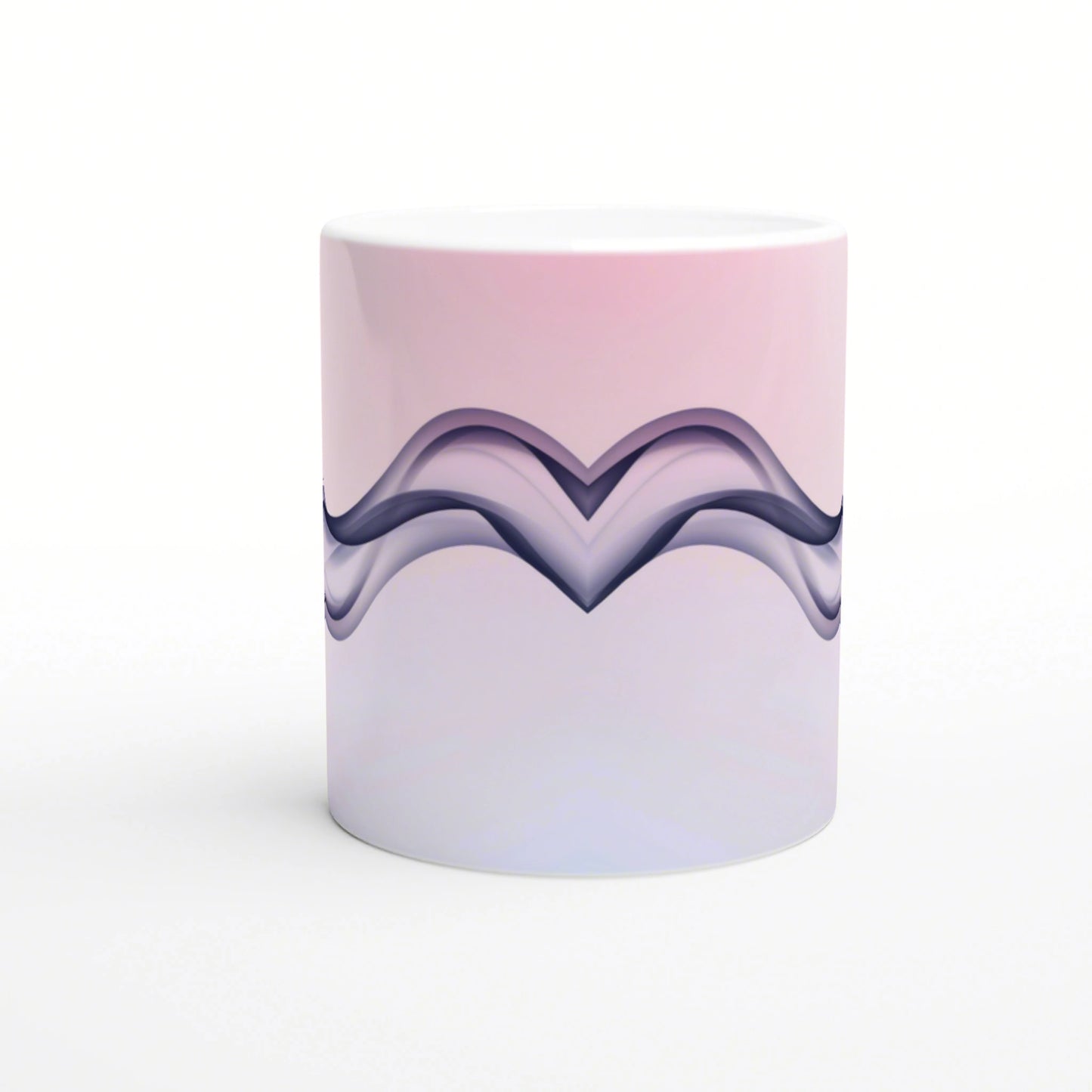 Product mockup: pastel pink-to-lavender gradient mug with a dark, wavy heart design across the middle.
