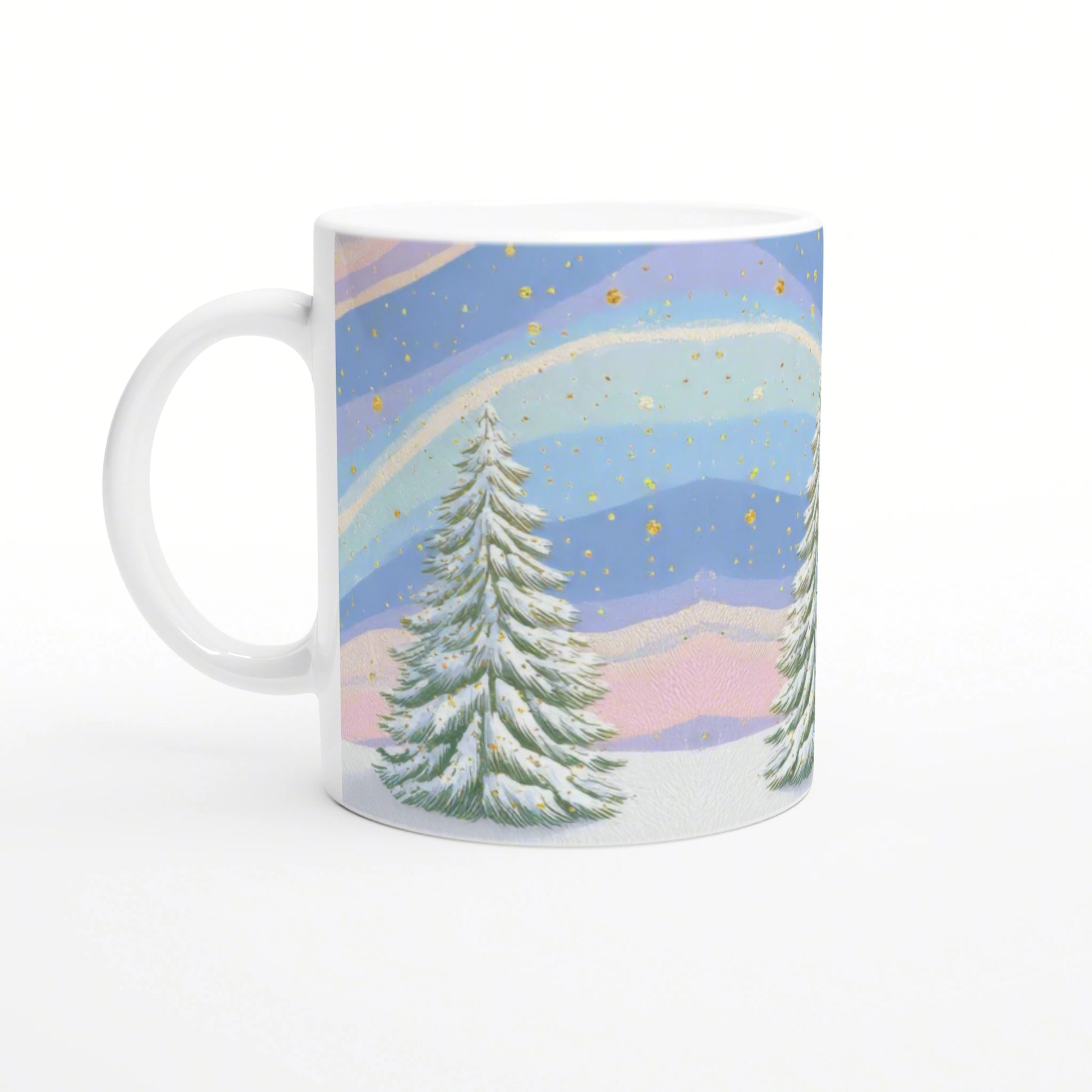 White mug featuring a pastel winter landscape: snow-covered evergreens, layered blue-pink sky, and gold flecks.