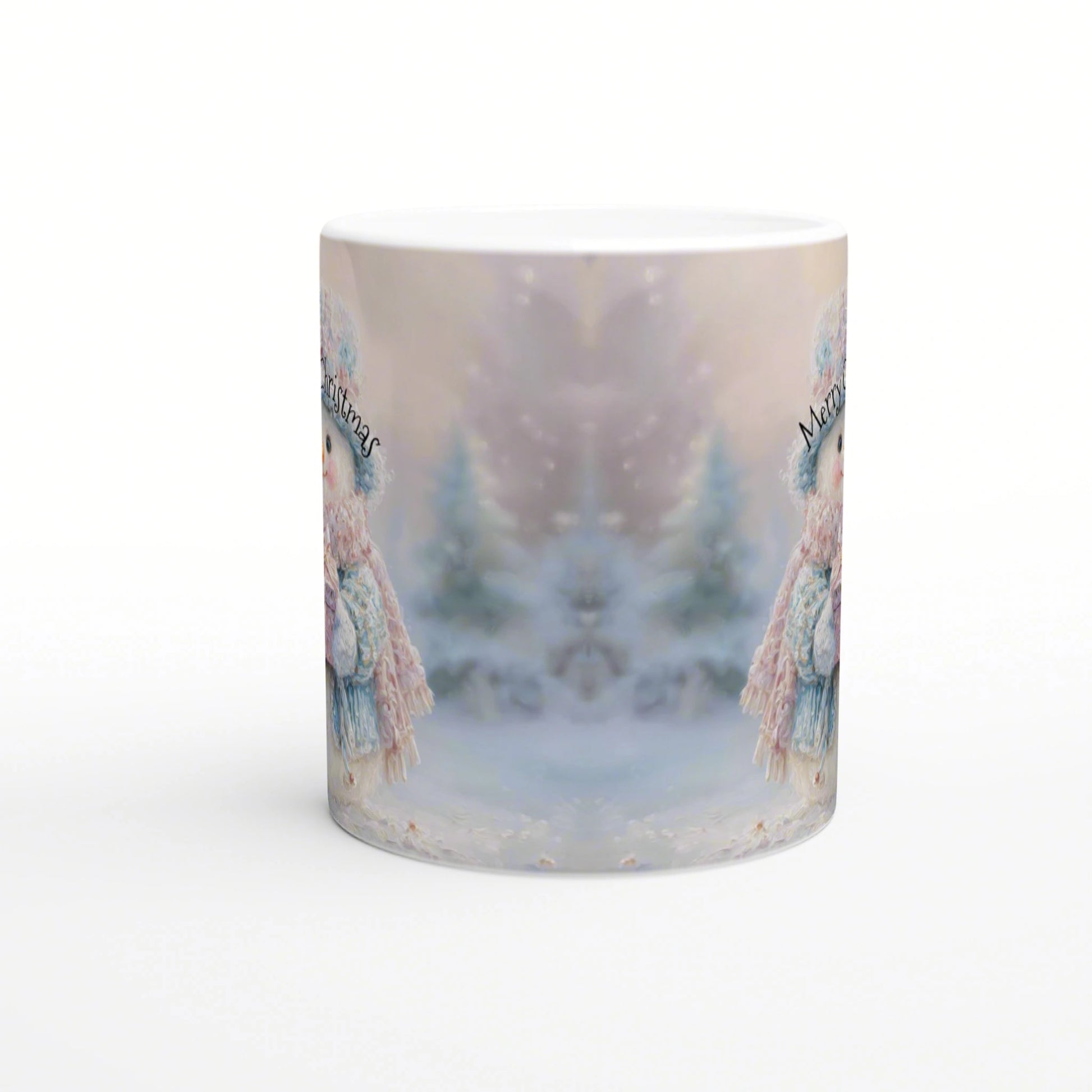 Pastel winter-themed mug featuring a mirrored snowy forest scene and subtle decorative text along the sides.