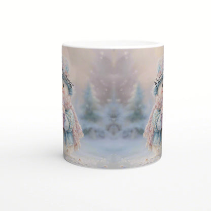 Pastel winter-themed mug featuring a mirrored snowy forest scene and subtle decorative text along the sides.