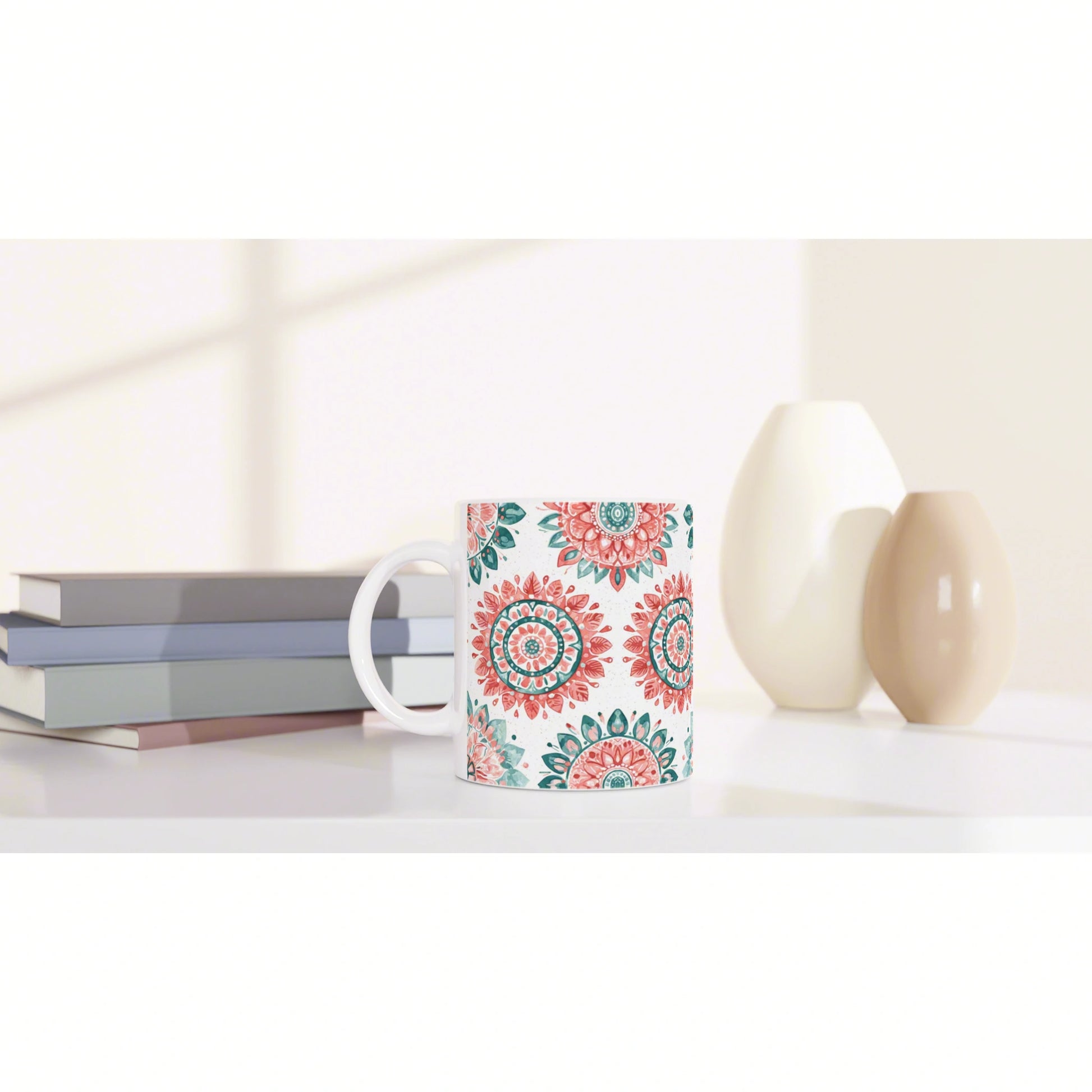 Patterned mug with turquoise and coral mandala on white ceramic sits on a white table beside books and decorative vases.
