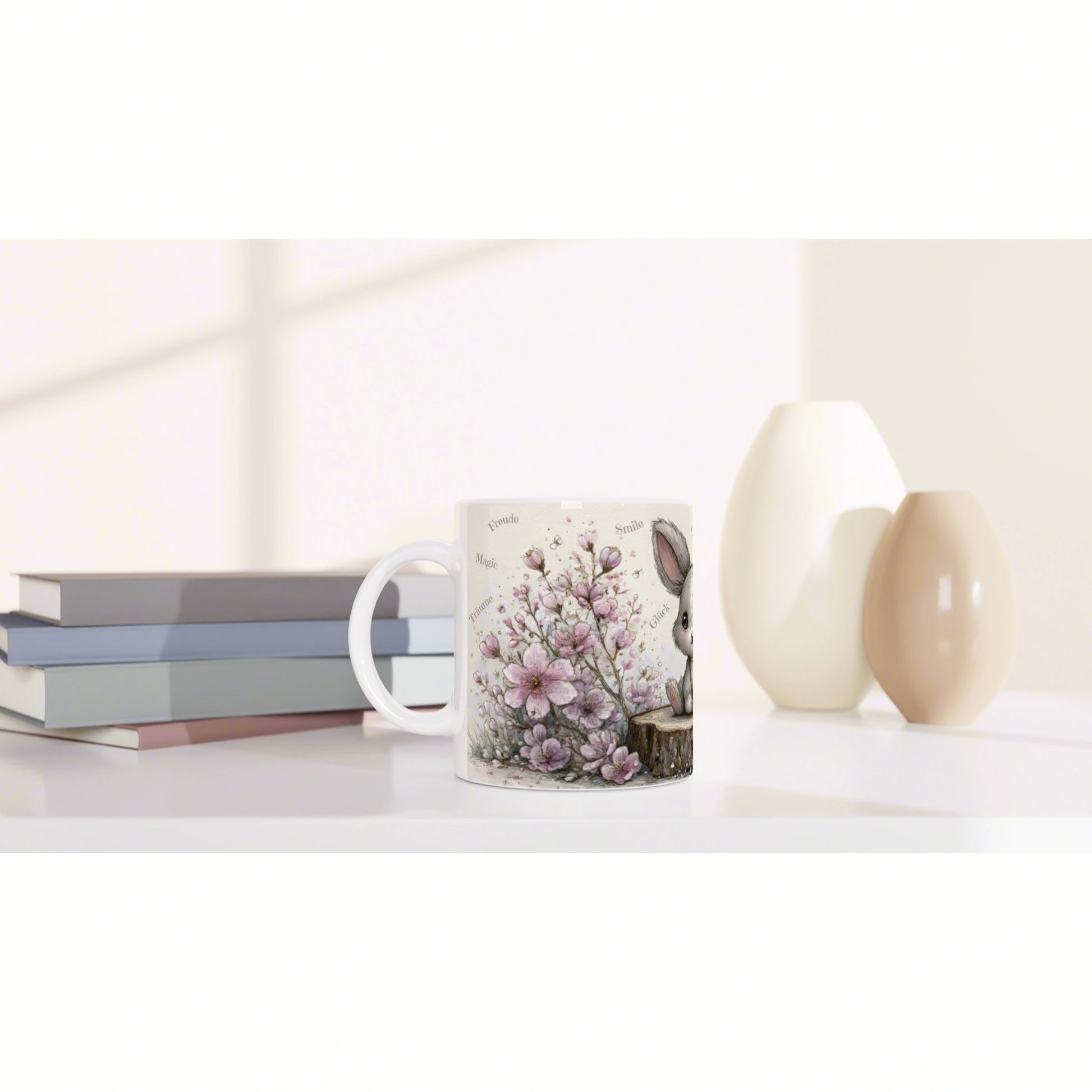 Product mockup: white mug with pink floral design on a desk beside pastel vases and a stack of books.