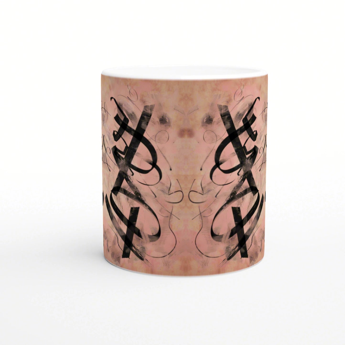 Product mockup of a pink marbled mug with white interior, featuring mirrored black abstract swirls around its surface.