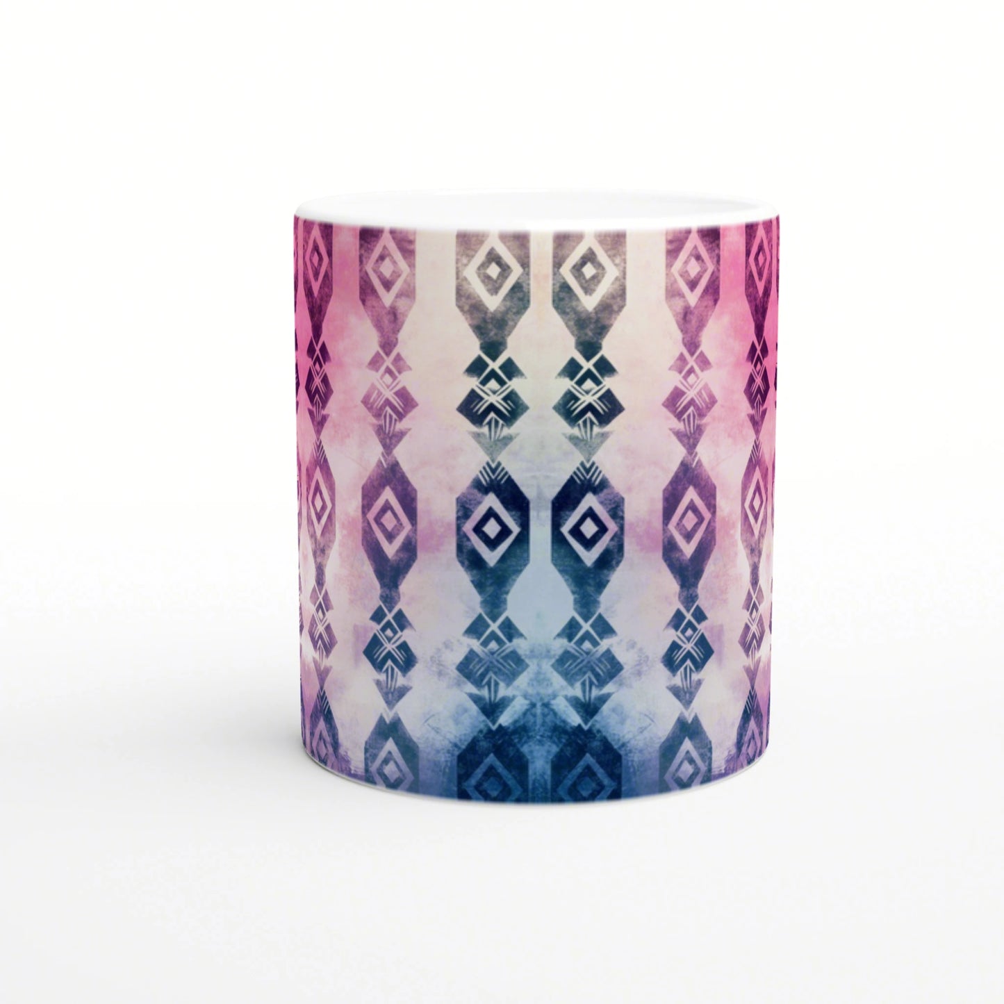 Mug featuring a pink-to-blue gradient with vertical geometric diamond pattern; product mockup.