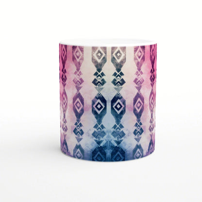 Mug featuring a pink-to-blue gradient with vertical geometric diamond pattern; product mockup.