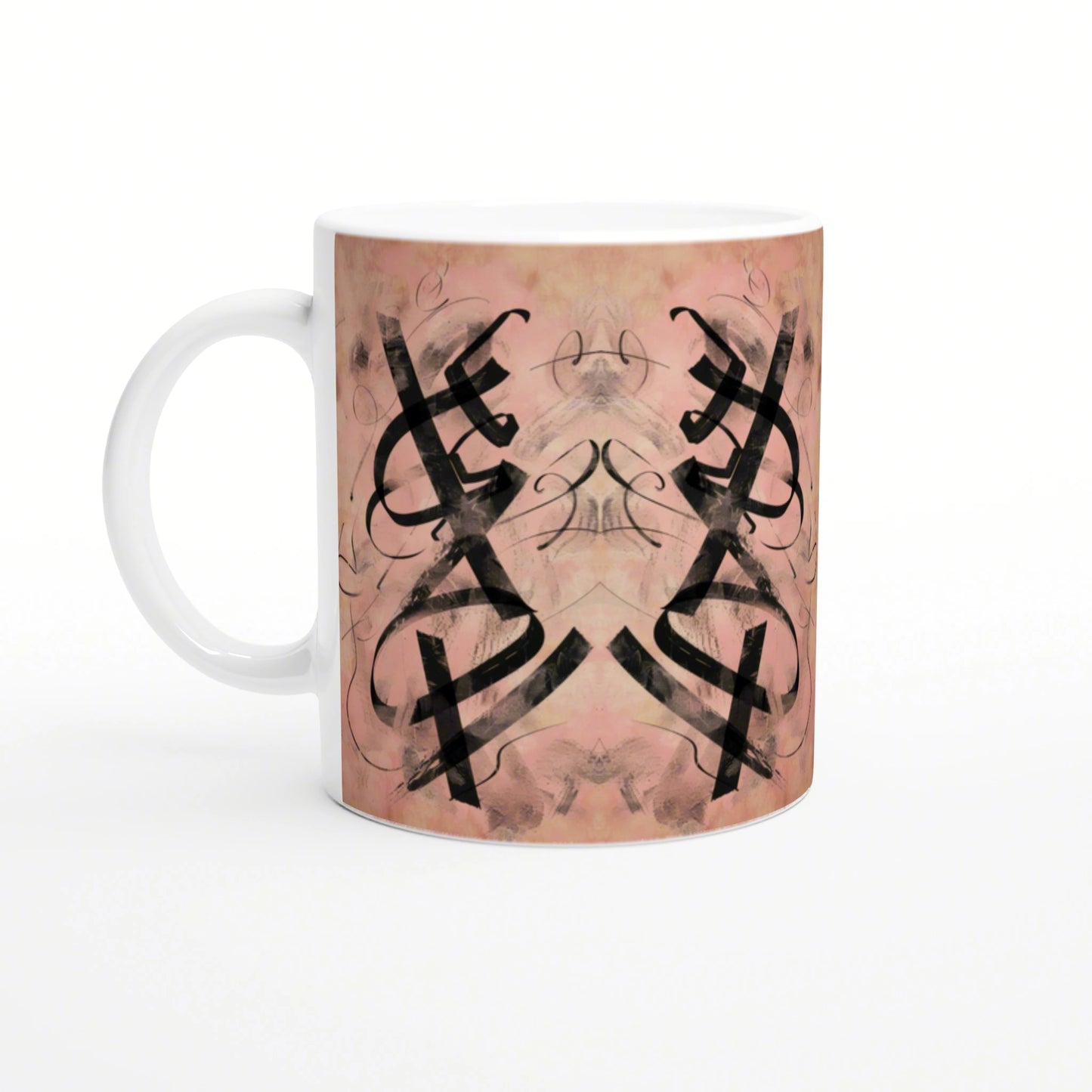 Mug mockup with pink watercolor background and bold symmetrical black abstract design.