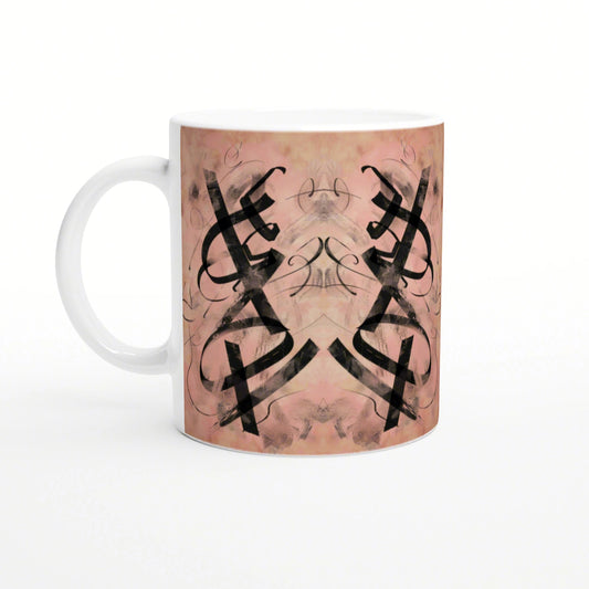 Mug mockup with pink watercolor background and bold symmetrical black abstract design.