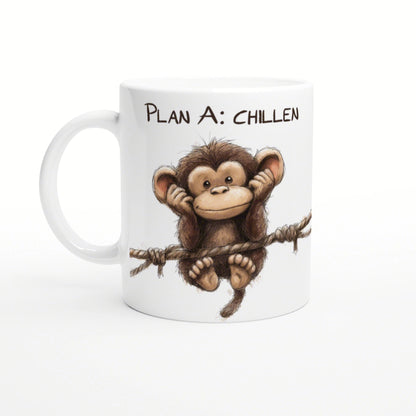 White mug mockup featuring a cute brown cartoon monkey hanging on a rope, with the caption 'Plan A: CHILLEN' at the top.