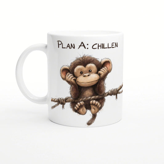 White mug mockup featuring a cute brown cartoon monkey hanging on a rope, with the caption 'Plan A: CHILLEN' at the top.